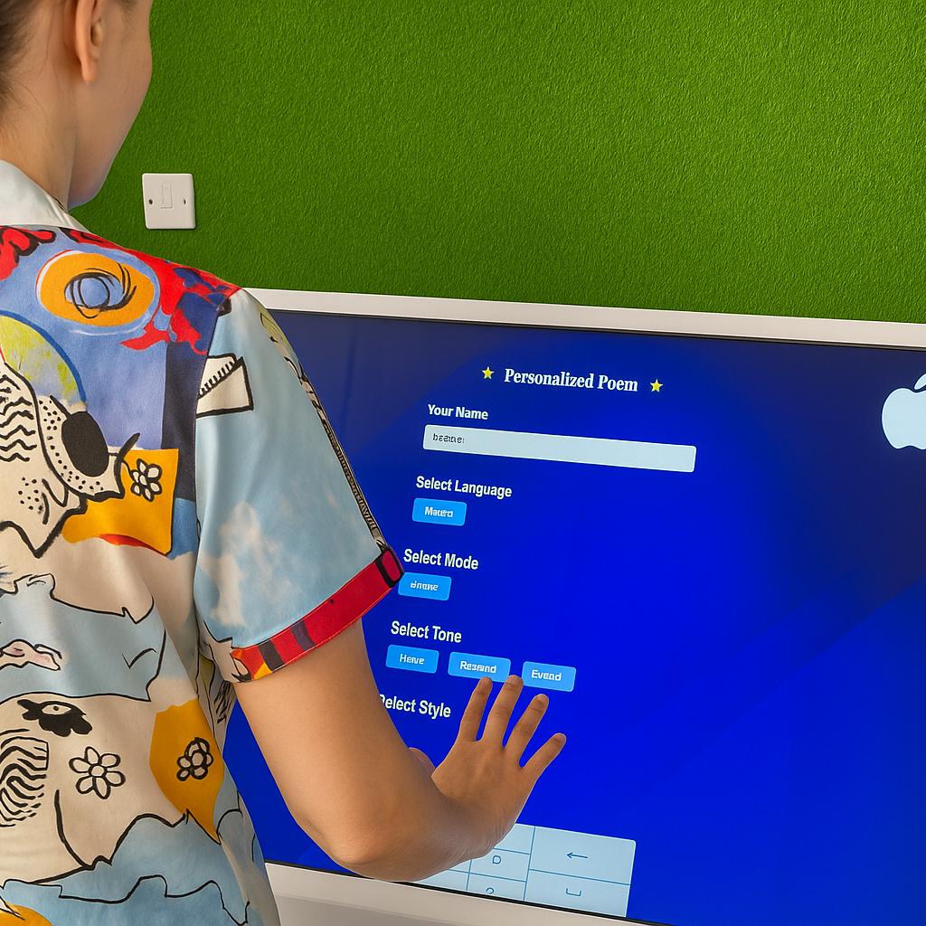 Young Emirati guest using AI Poem Generator kiosk in Dubai, creating personalized Arabic or English poem with instant printout and event branding